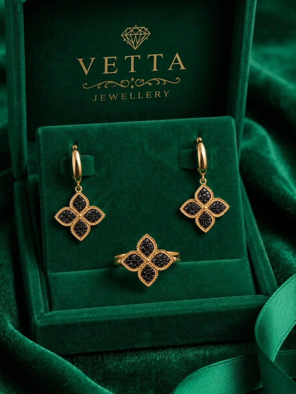 Ювелирный комплект VETTA HJ864, серьги и кольцо, золото 585 пробы, 3.40 г